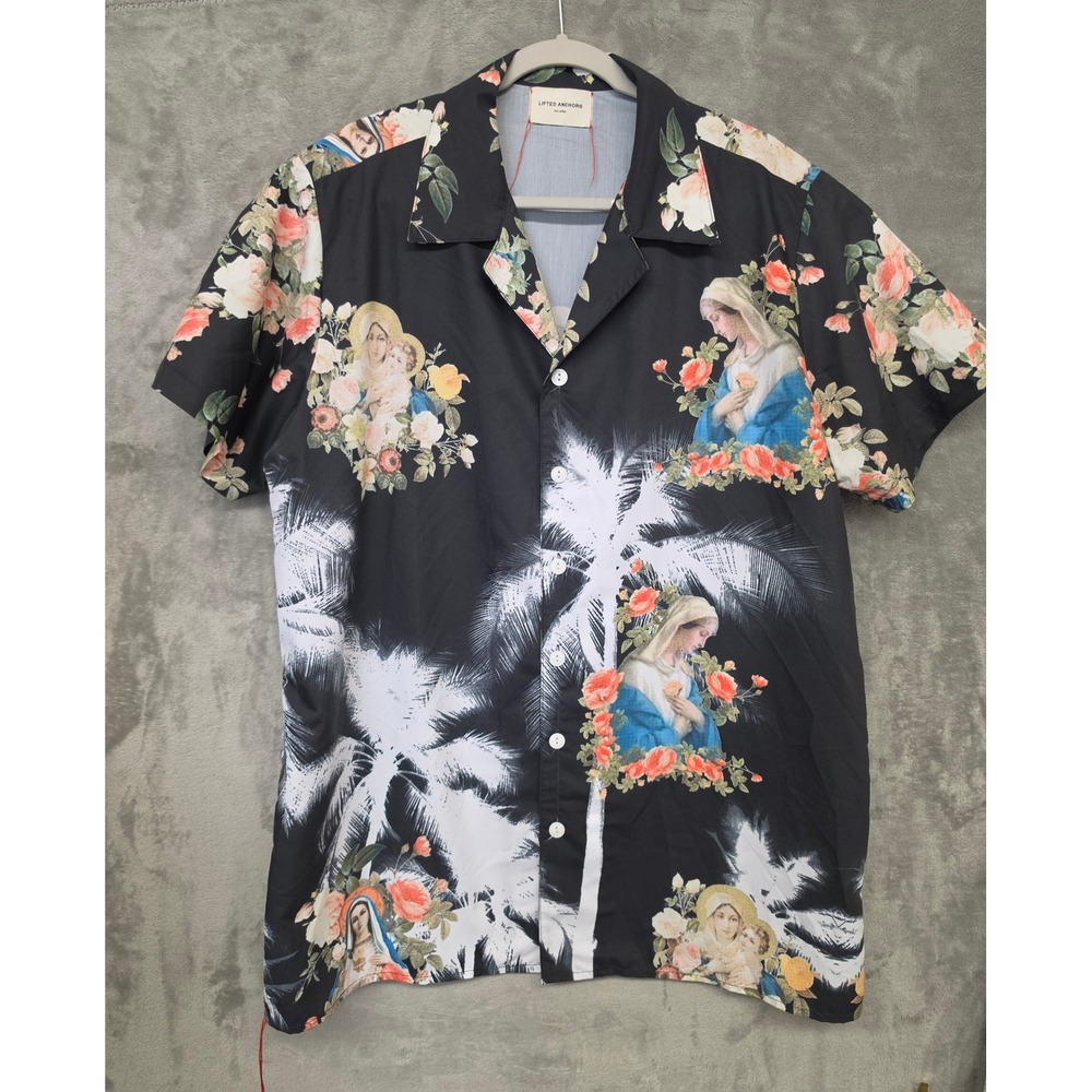 Lifted Anchors Mens 2XL Virgin Mary Floral Palm Tree Graphic Button Down Shirt